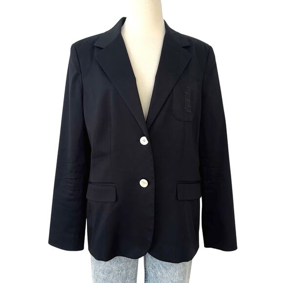 Lauren Ralph Lauren Two-Button Blazer Jacket Cotton Embroidered Logo Black 16 - Picture 1 of 11